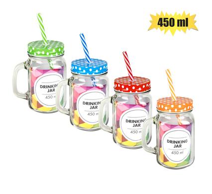 Drinking-jar gls + straw 450ml asstd col